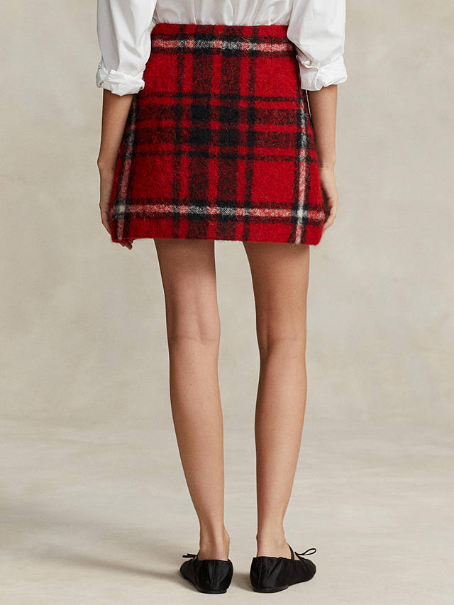 Ralph Lauren Polo Ralph Lauren Leather Trim Wool Blend Plaid Wrap Mini Skirt, Red/Multi