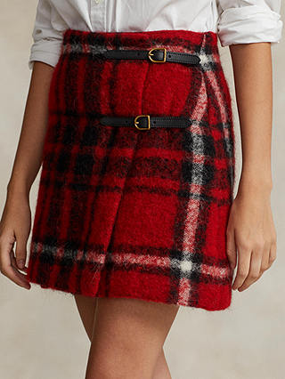 Ralph Lauren Polo Ralph Lauren Leather Trim Wool Blend Plaid Wrap Mini Skirt, Red/Multi
