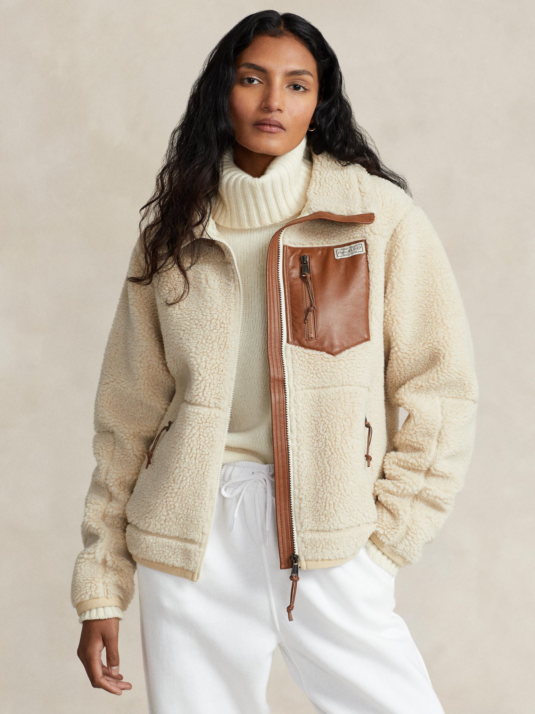 Polo Ralph Lauren Leather Trim Fleece Jacket, Natural at John Lewis ...