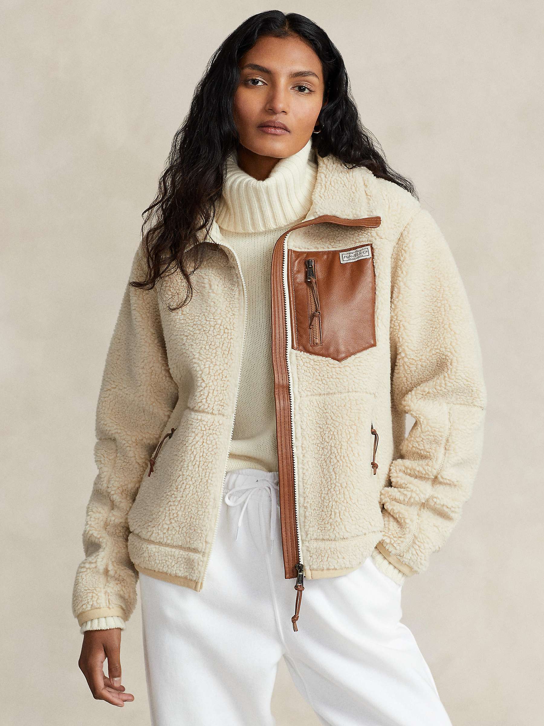 Buy Polo Ralph Lauren Leather Trim Fleece Jacket, Natural Online at johnlewis.com