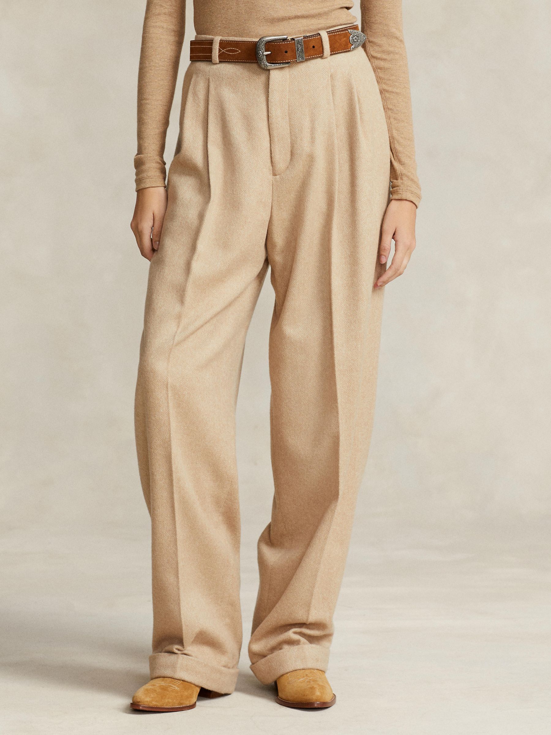 Polo Ralph Lauren Relaxed Fit Pleated Herringbone Wide Leg Trousers, Natural Taupe, 14