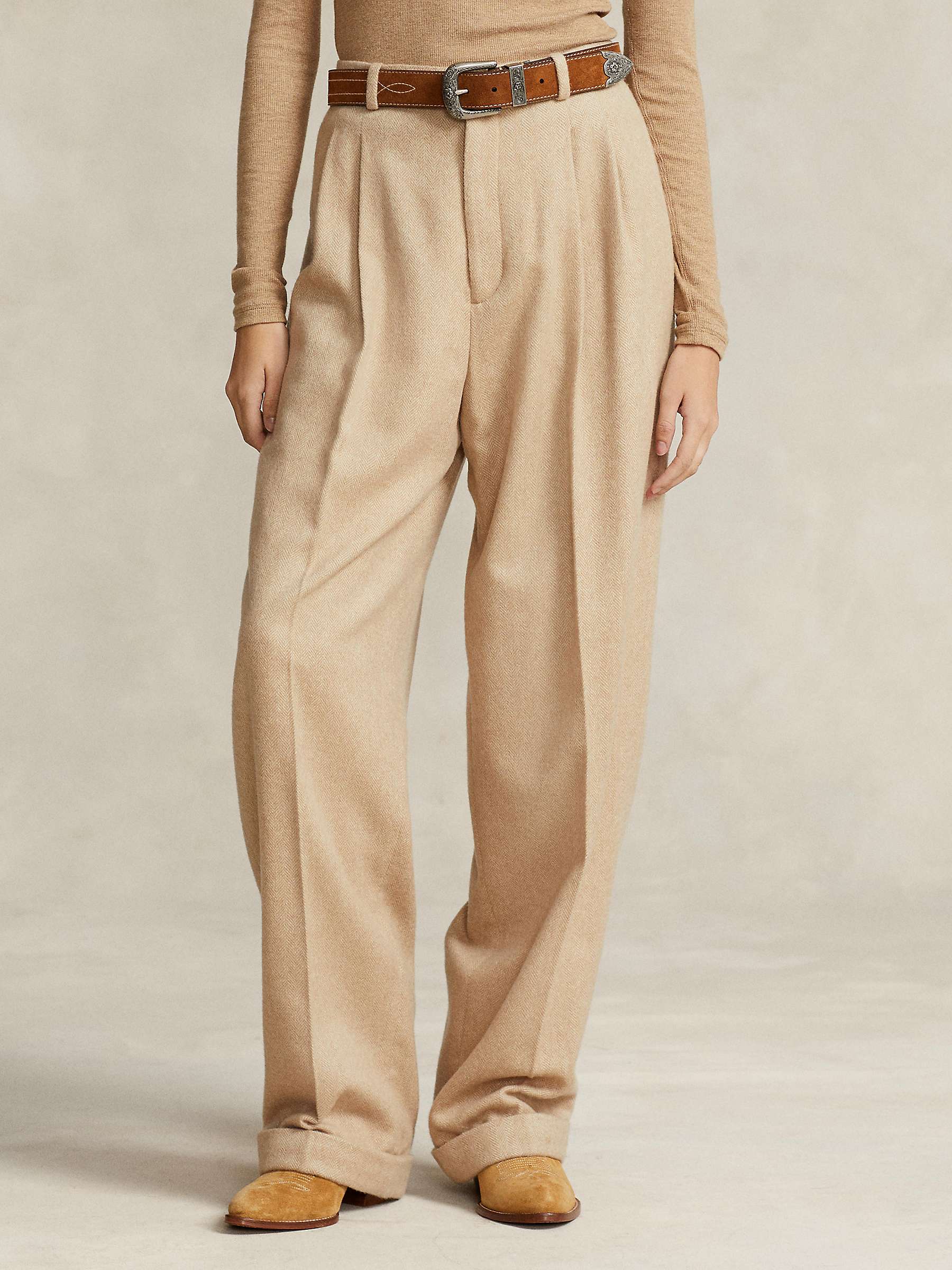 Buy Polo Ralph Lauren Relaxed Fit Pleated Herringbone Wide Leg Trousers, Natural Taupe Online at johnlewis.com