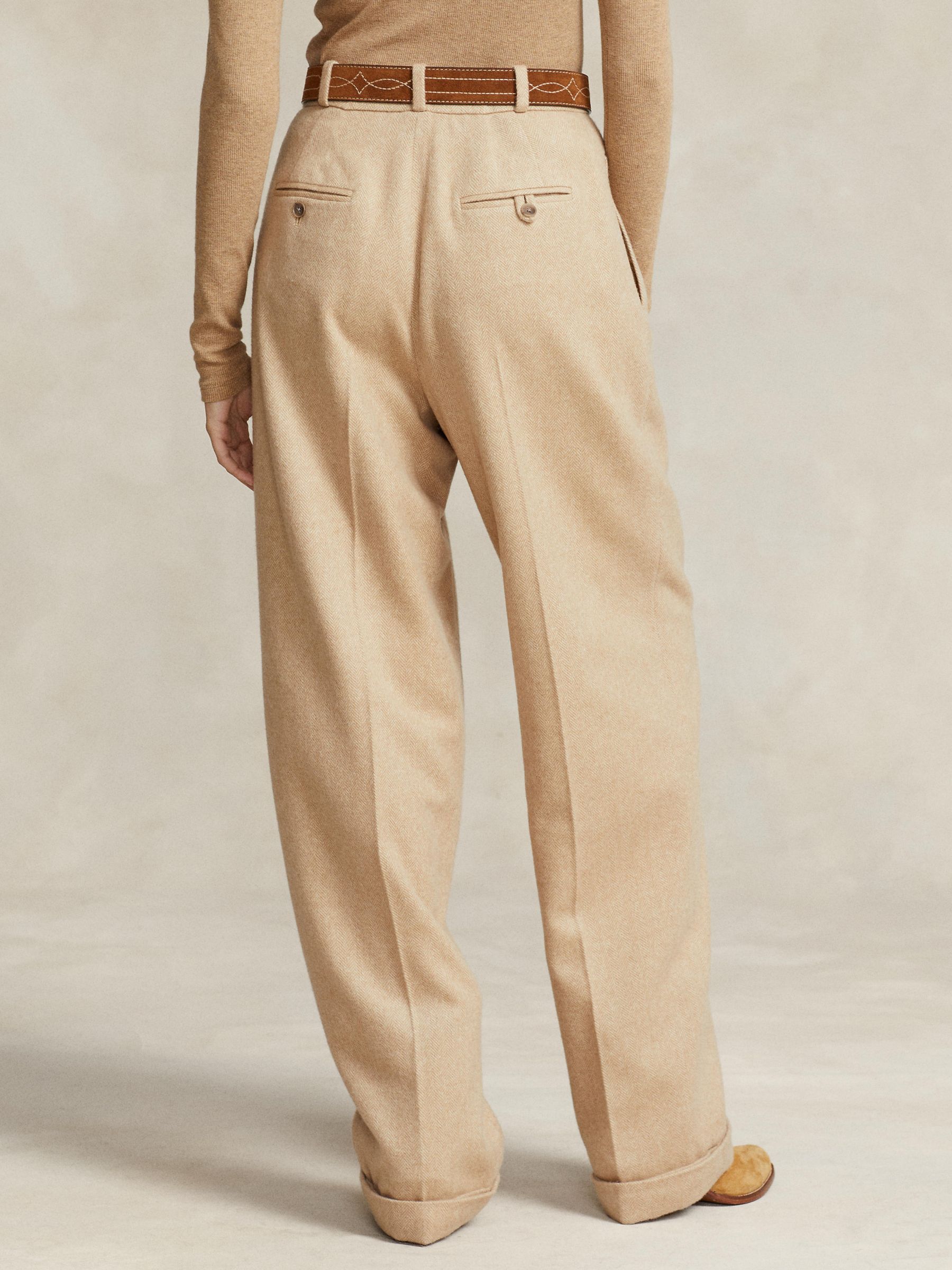Polo Ralph Lauren Relaxed Fit Pleated Herringbone Wide Leg Trousers, Natural Taupe, 14