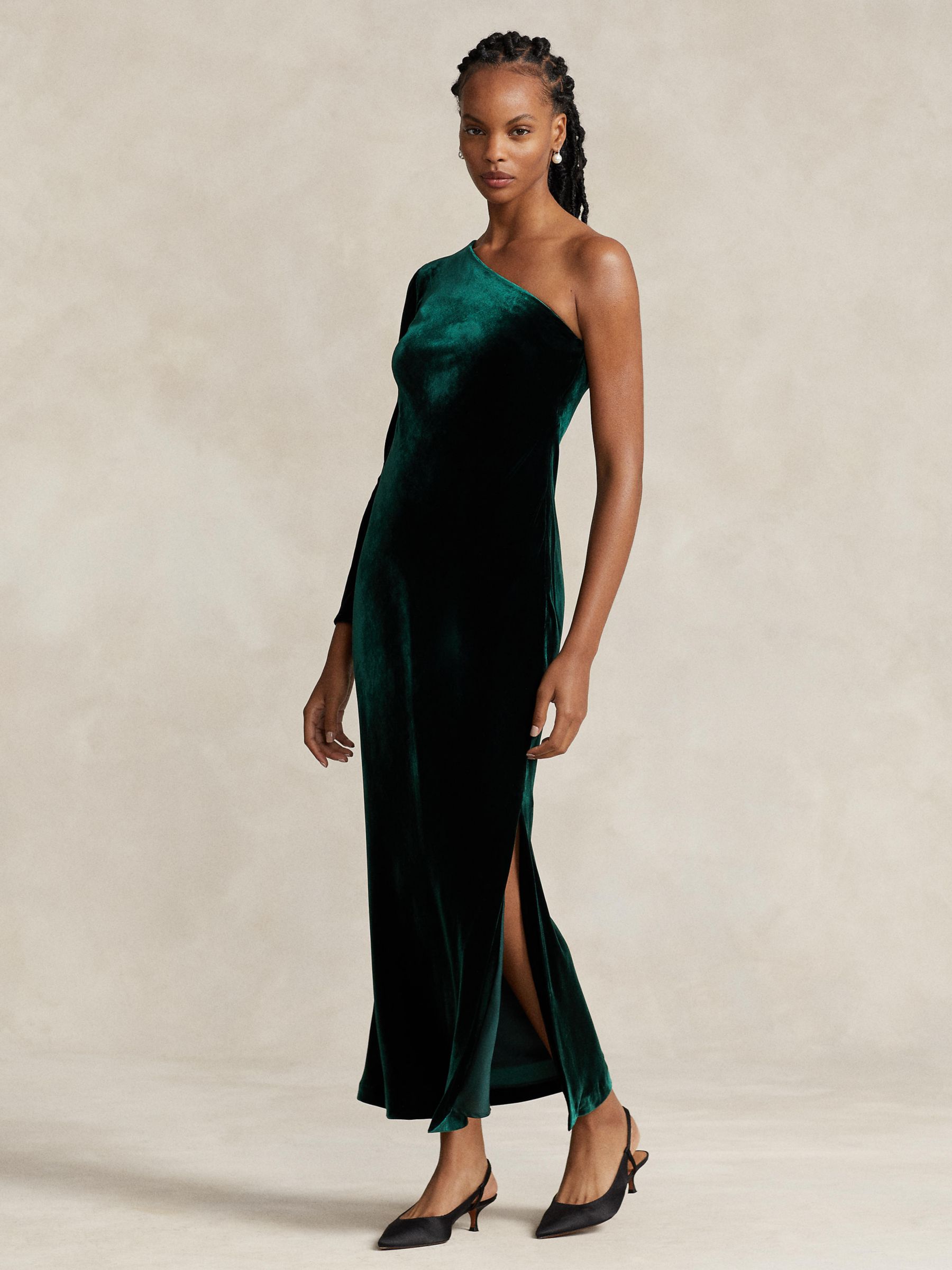 Polo Ralph Lauren Silk Blend Velvet One Shoulder Maxi Dress, Green at John  Lewis u0026 Partners