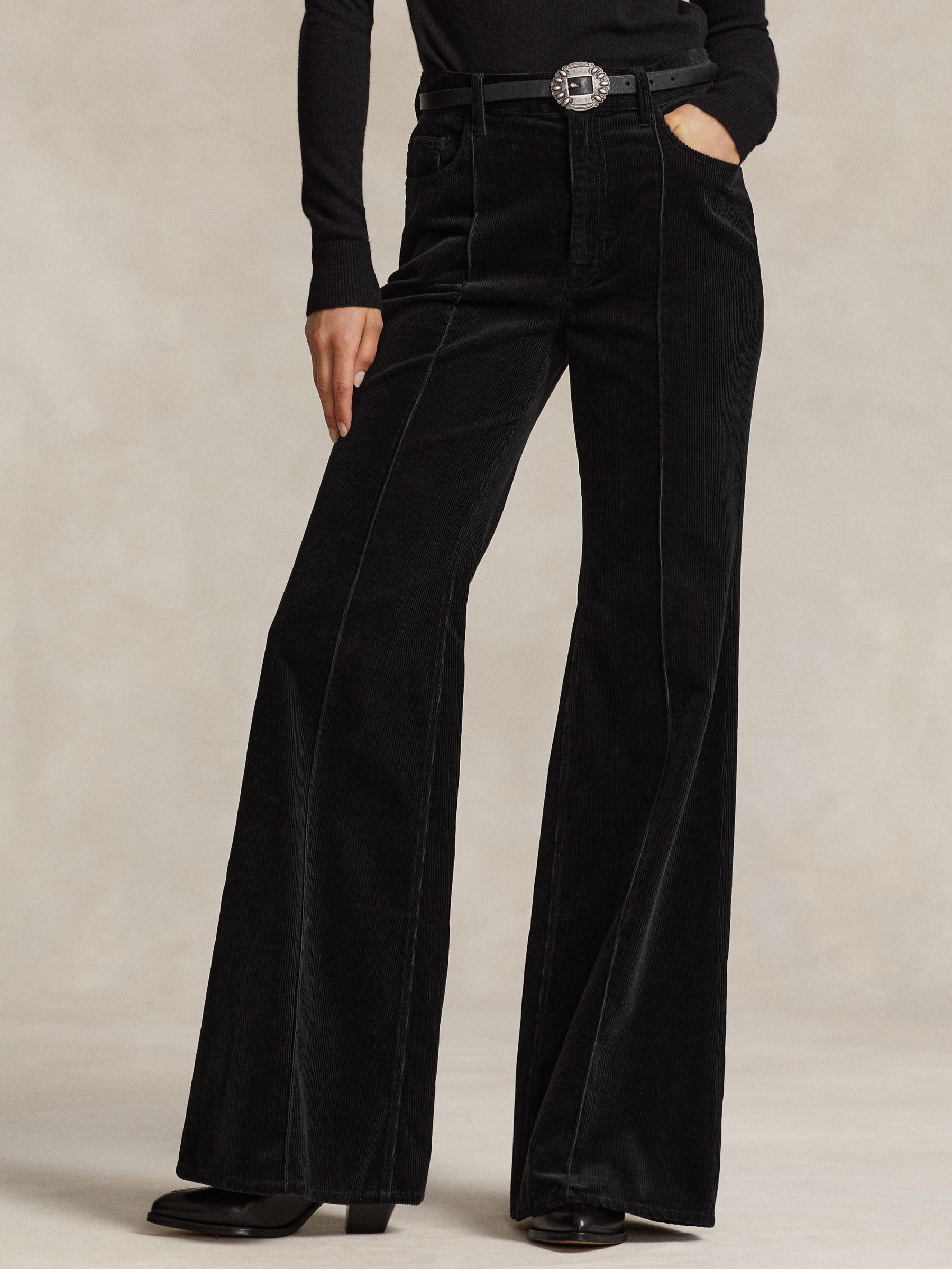 Polo Ralph Lauren Pintucked Corduroy Flare Flat Front Trousers, Black, 8
