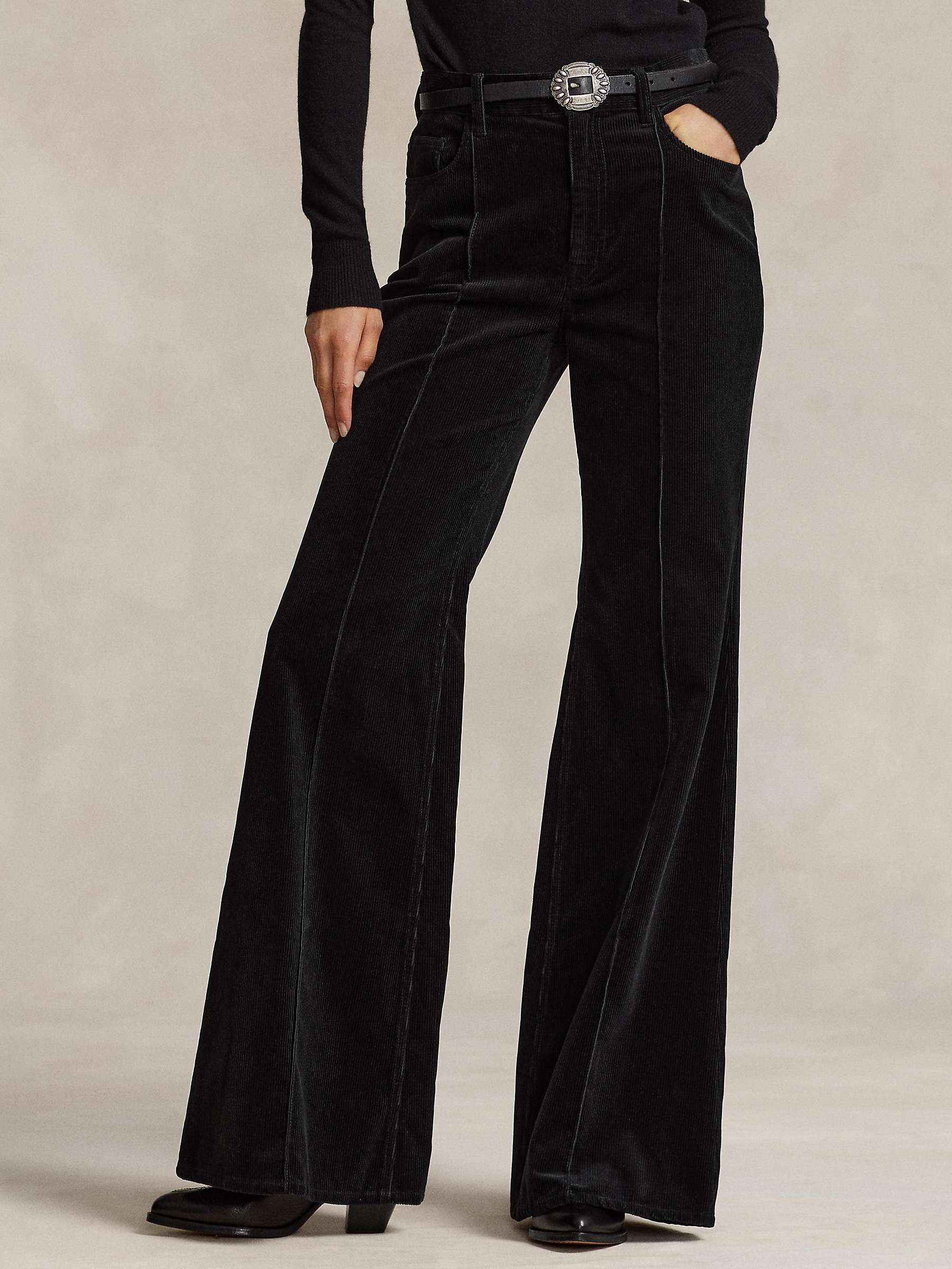 Buy Polo Ralph Lauren Pintucked Corduroy Flare Flat Front Trousers, Black Online at johnlewis.com