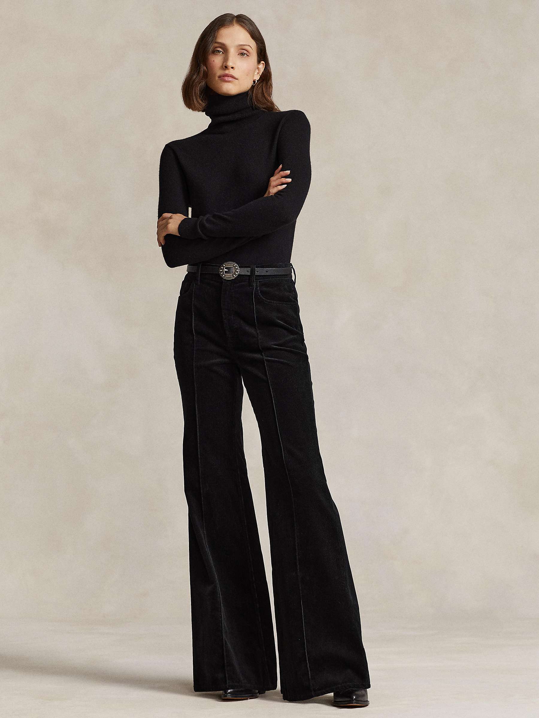 Buy Polo Ralph Lauren Pintucked Corduroy Flare Flat Front Trousers, Black Online at johnlewis.com