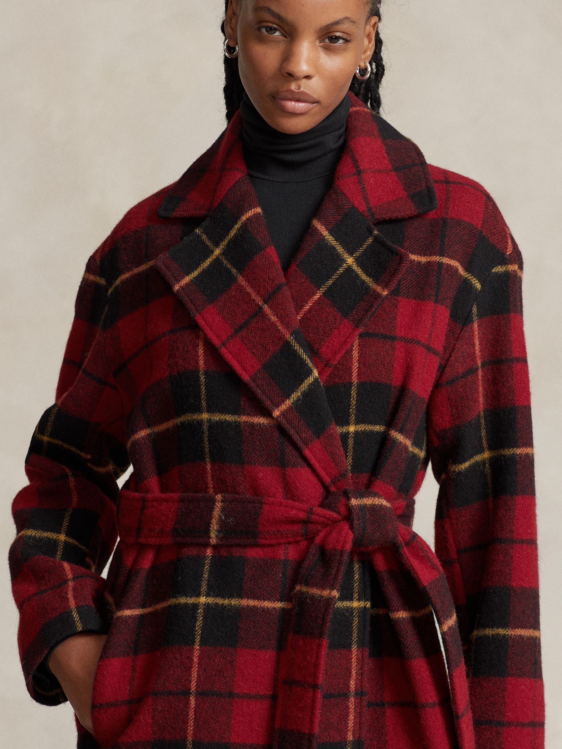 Polo Ralph Lauren Jacky Wool Blend Tartan Wrap Coat, Red/Multi at