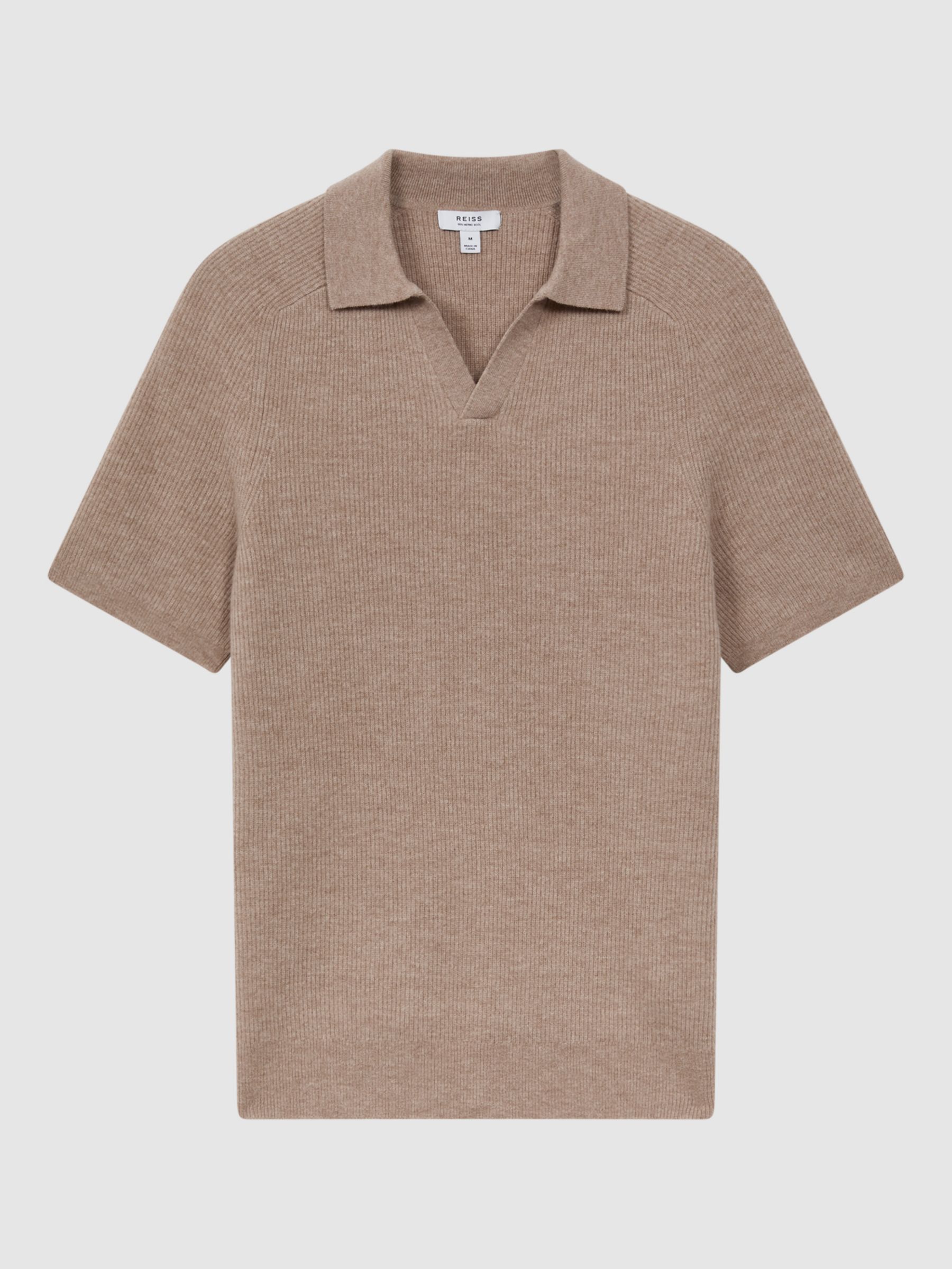 Reiss Mortimer Wool Open Neck Ribbed Polo, Camel, S