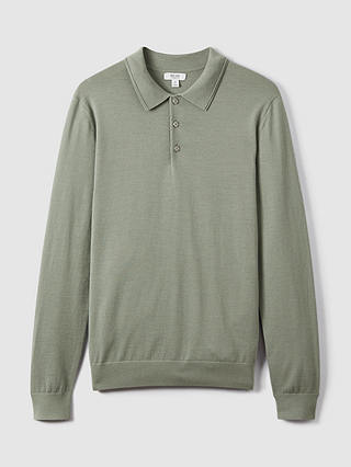 Reiss Trafford Long Sleeve Merino Button Polo Shirt, Pistachio
