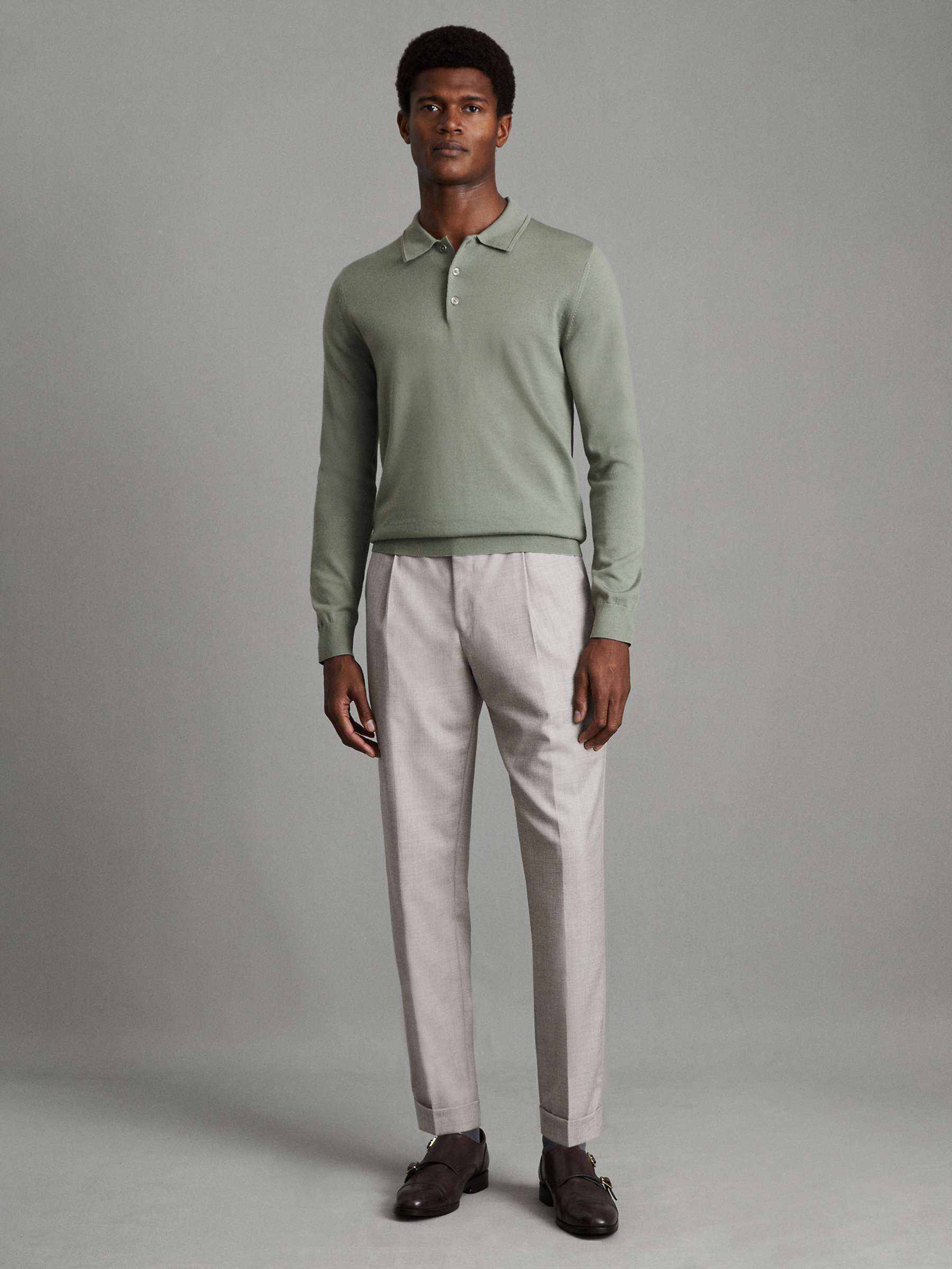 Buy Reiss Trafford Long Sleeve Merino Button Polo Shirt, Pistachio Online at johnlewis.com