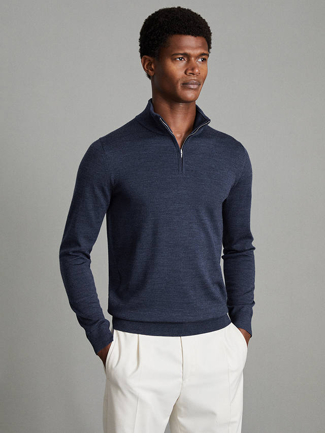 Reiss Blackhall Merino Wool Funnel Neck Half Zip Jumper, Indigo Melange ...