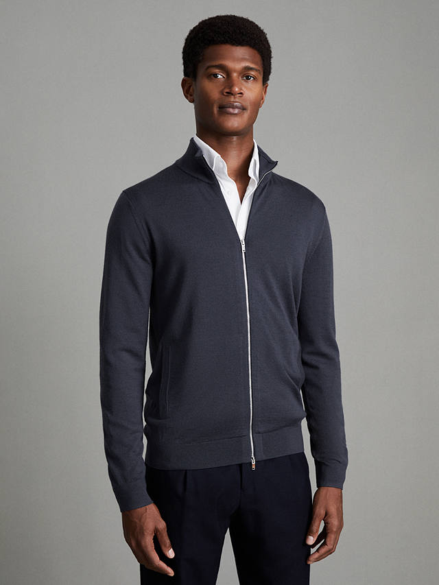 Reiss Hampshire Long Sleeve Merino Zip Through Jumper, Smoke Blue