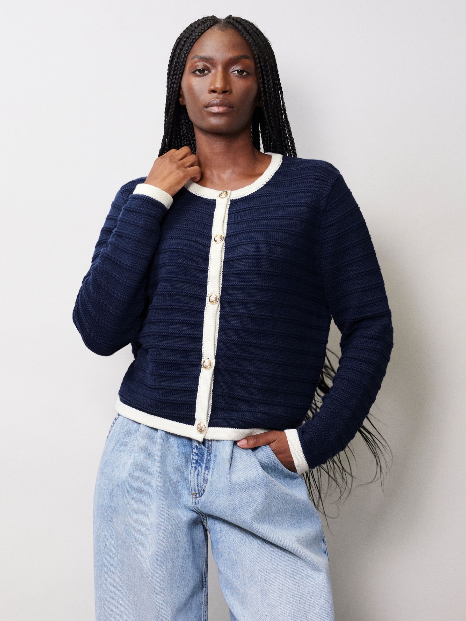 Albaray Knitted Contrast Trim Cardigan/Jacket, Navy at John Lewis ...