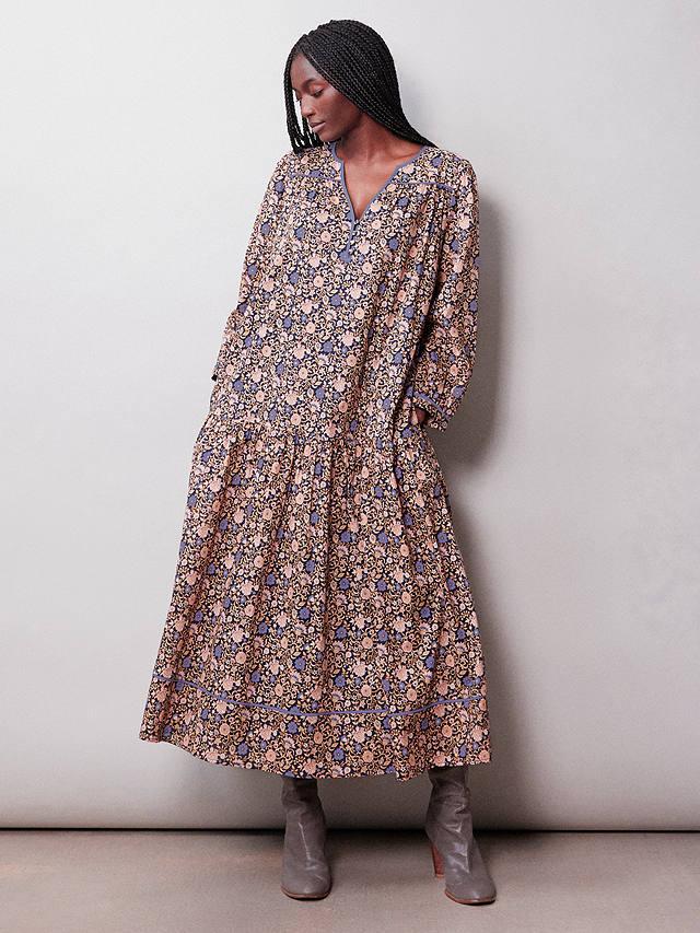Albaray Organic Cotton Boho Floral Dress, Navy/Multi