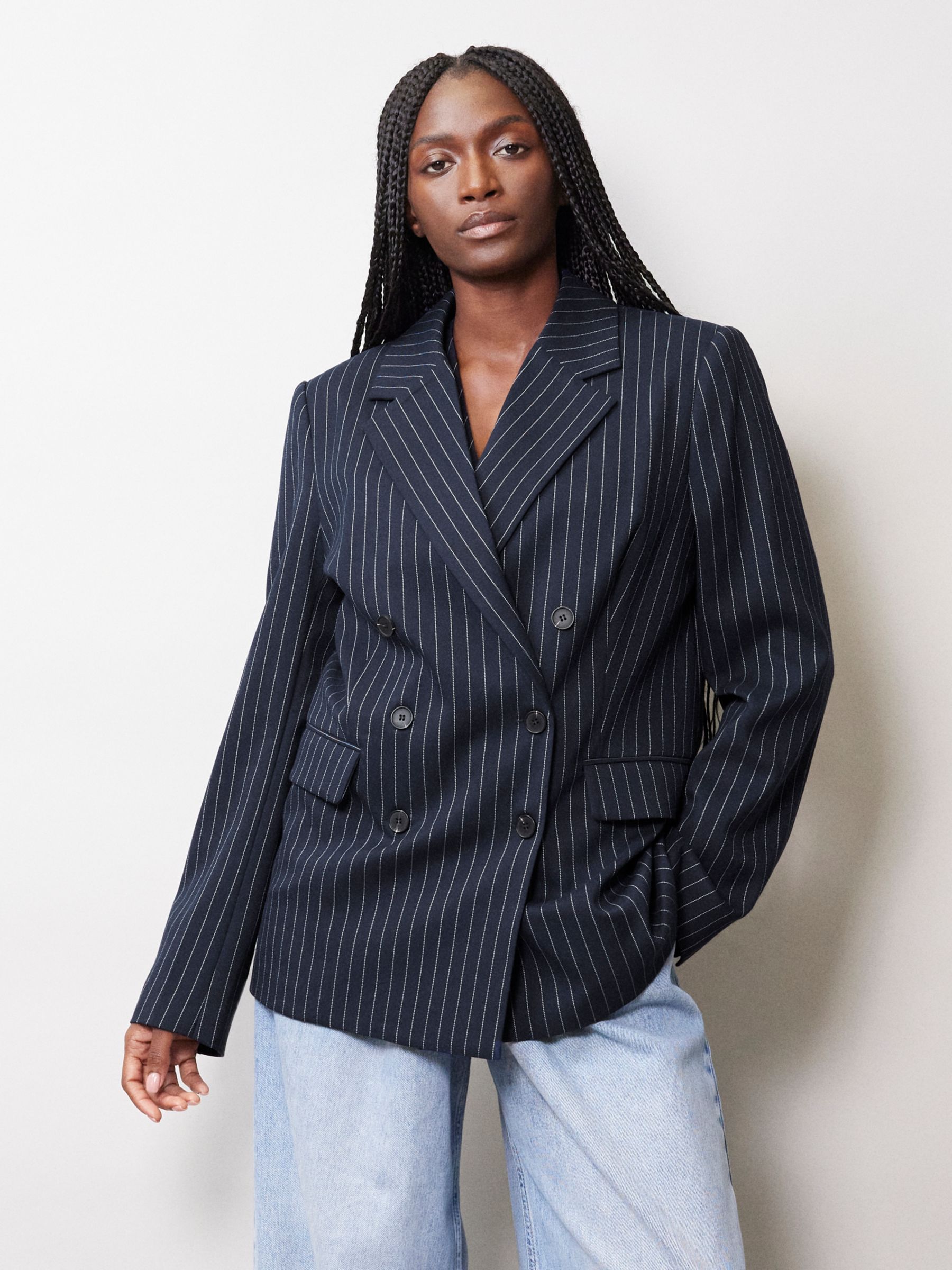 Albaray Relaxed Fit Tailored Pinstripe Blazer, Navy at John Lewis ...