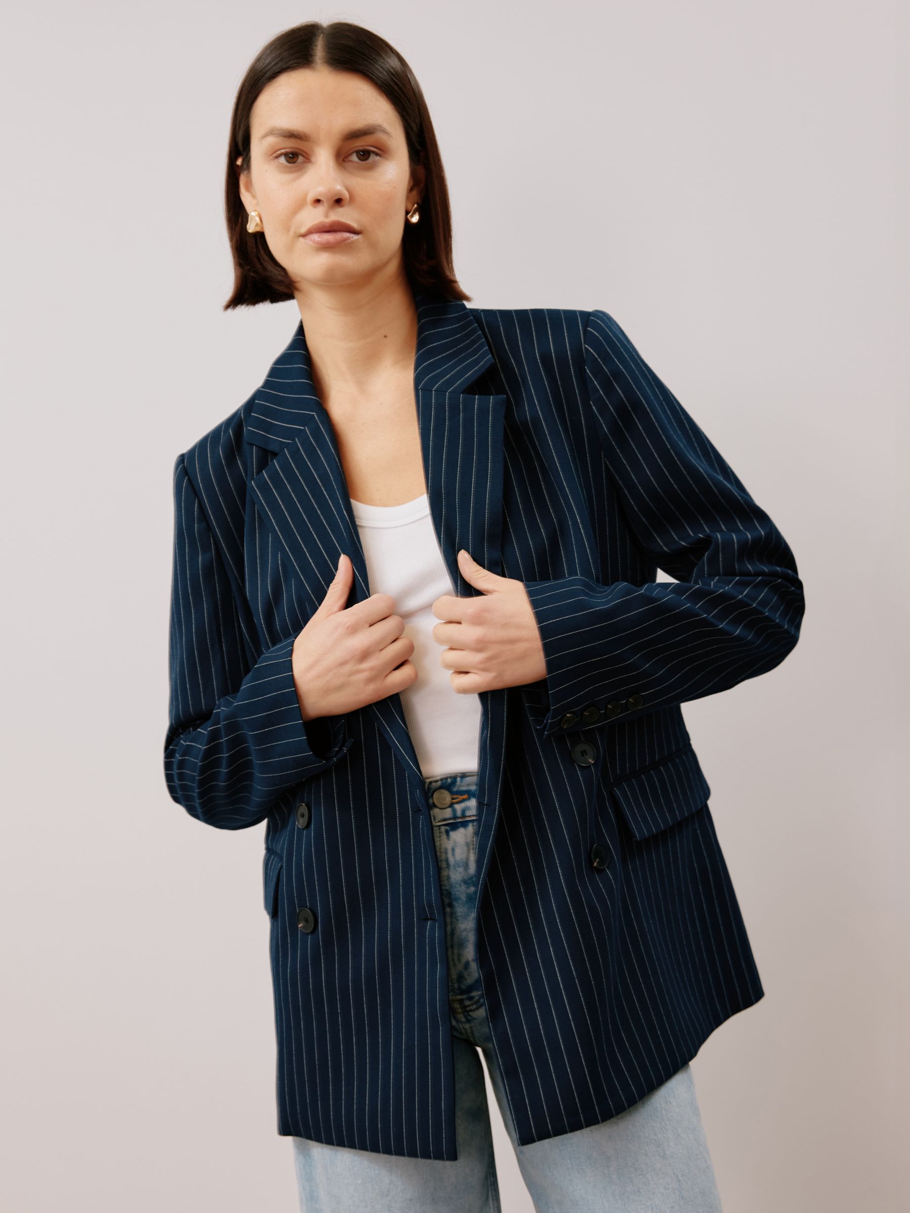 Albaray Relaxed Fit Tailored Pinstripe Blazer, Navy, 12