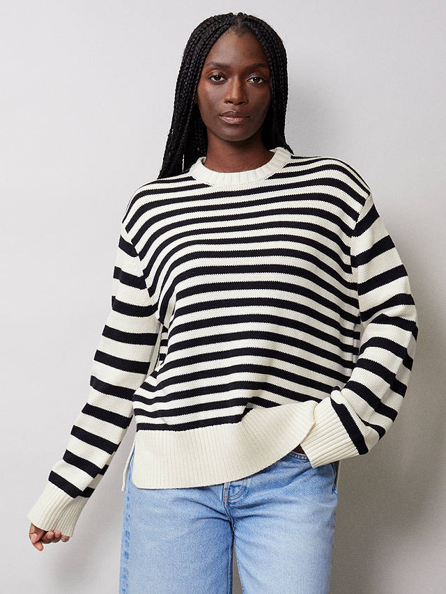 Albaray Relaxed Fit Striped Cotton Jumper, Black/Cream