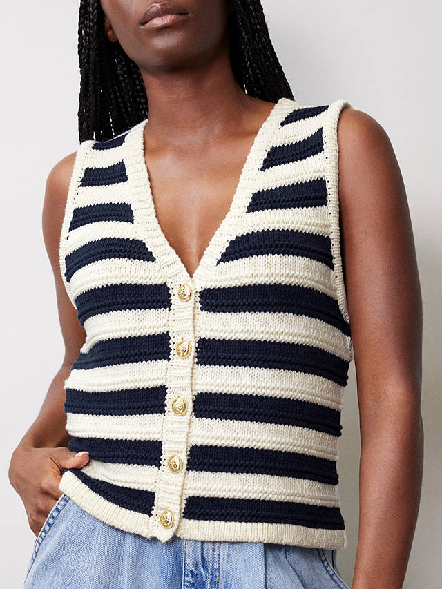 Albaray Textured Stripe Button Front Knitted Tank Top, Navy/Cream