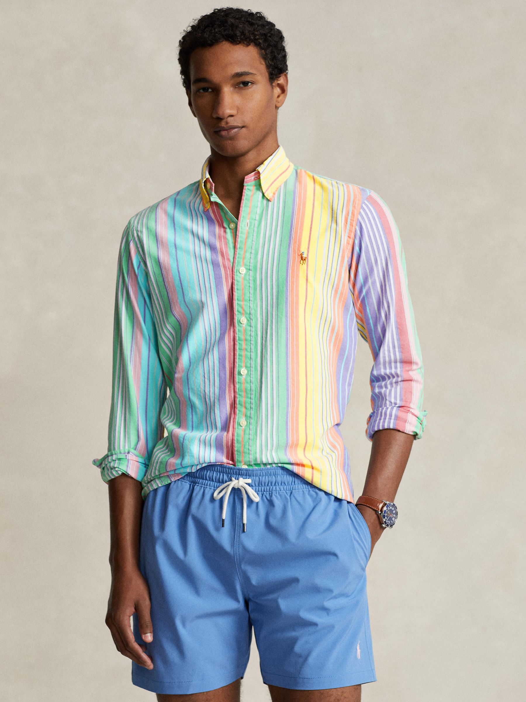 Polo Ralph Lauren Custom Fit Striped Oxford Fun Shirt, 6346a Green/Ylwmulti, M