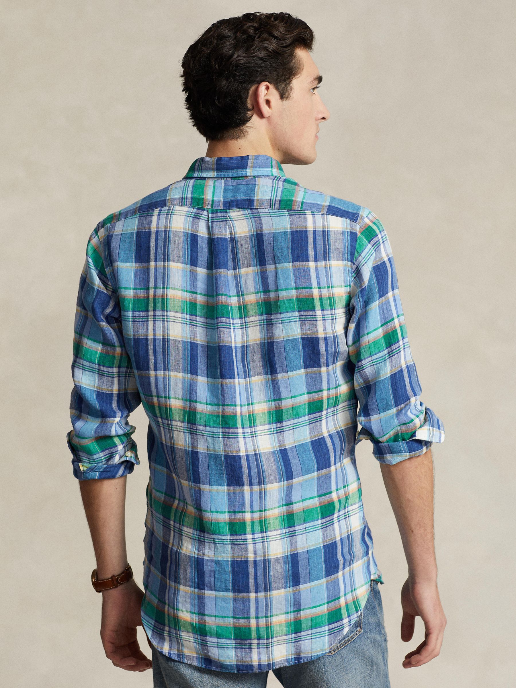 Ralph Lauren Linen Long Sleeve Check Shirt, 6357ablue/Greenmulti, S