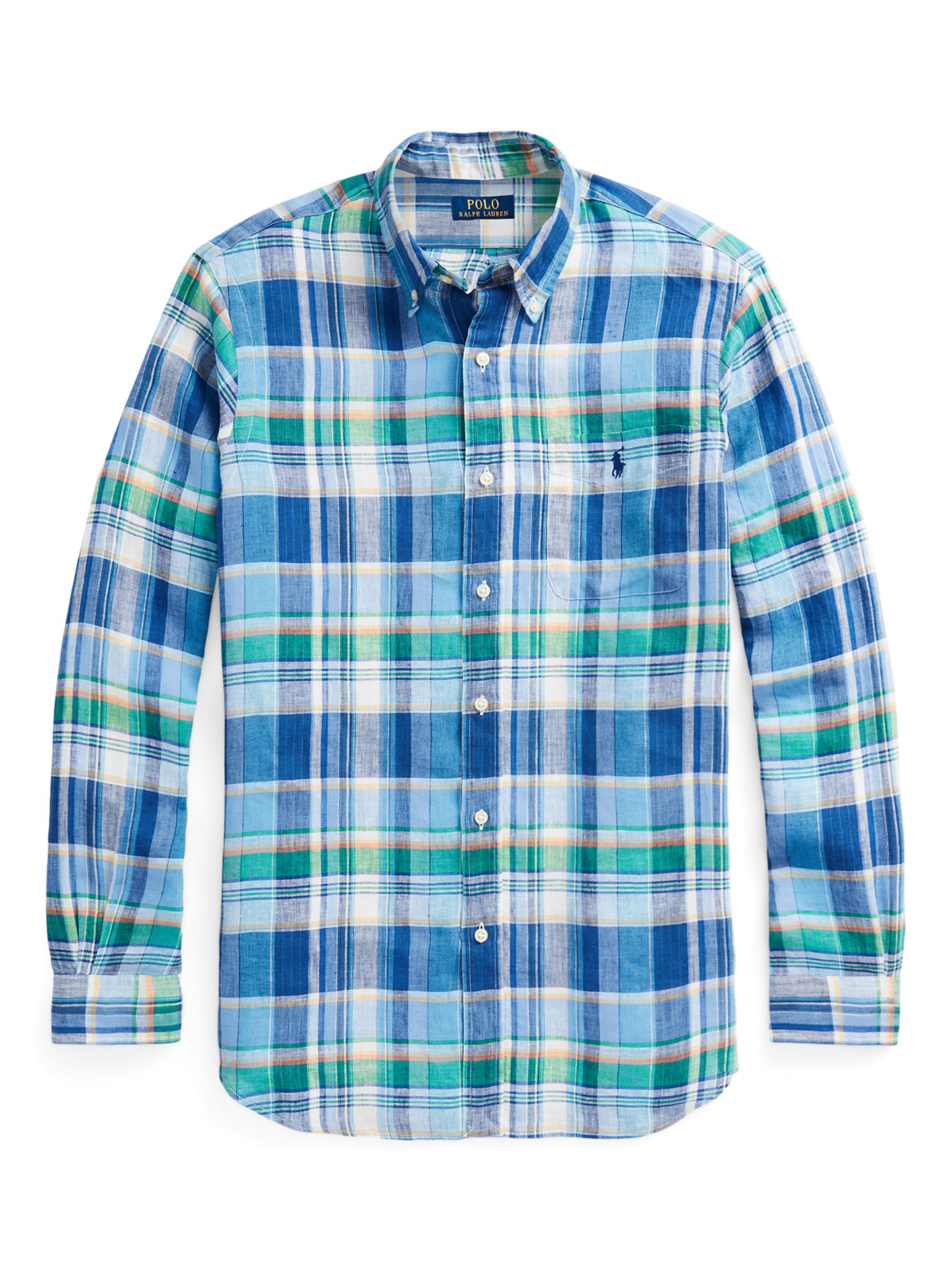 Ralph Lauren Linen Long Sleeve Check Shirt, 6357ablue/Greenmulti, S