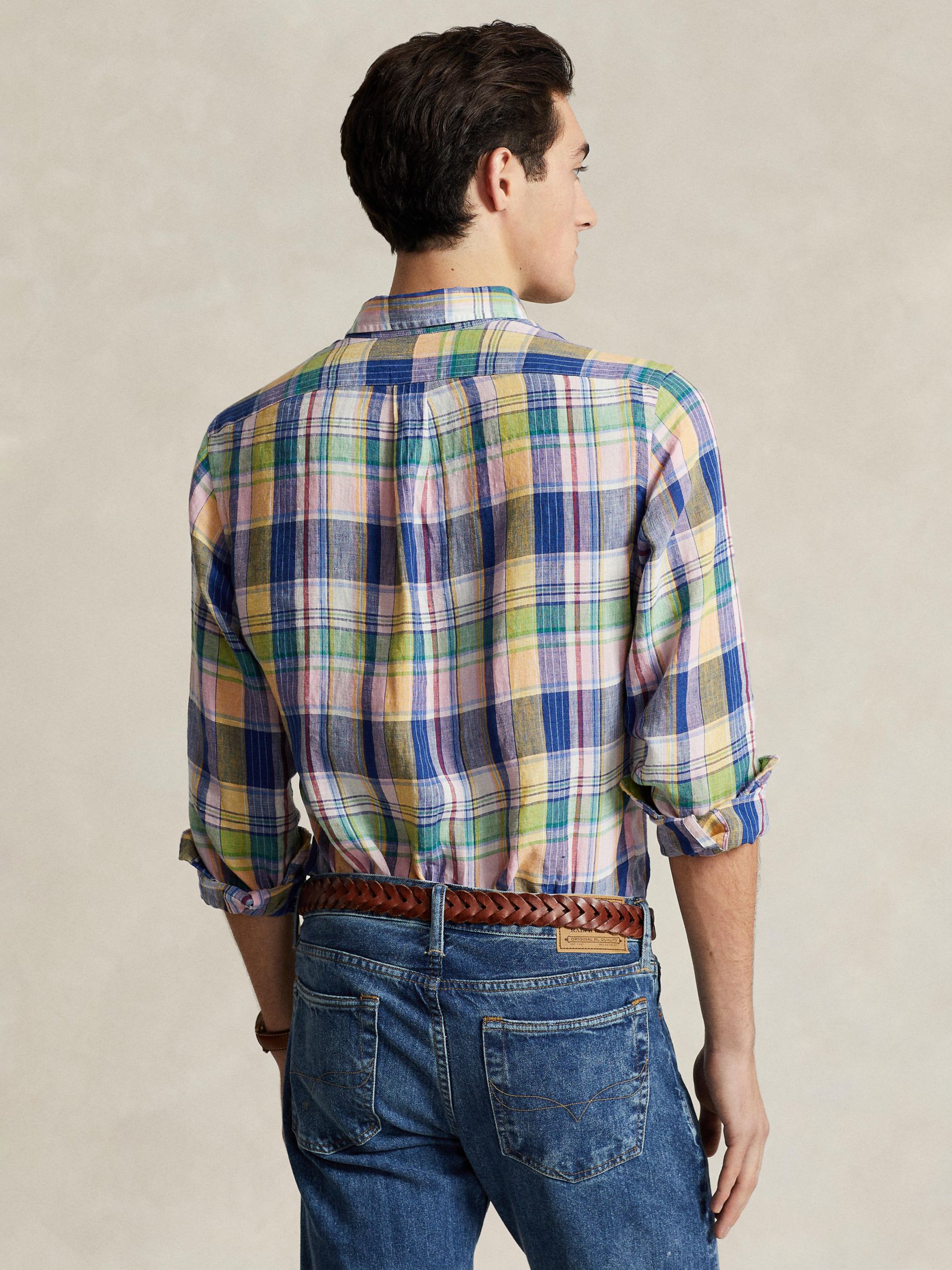 Ralph Lauren Linen Long Sleeve Check Shirt, Navy/Pink/Multi, S
