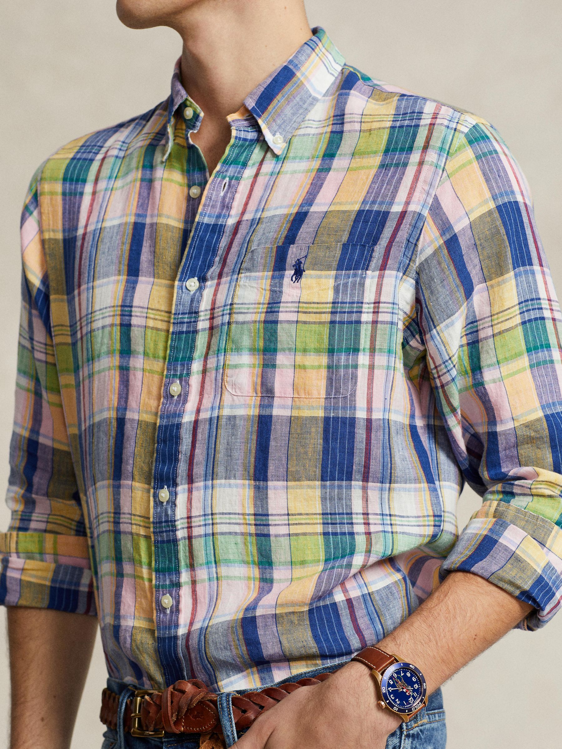 Ralph Lauren Linen Long Sleeve Check Shirt, Navy/Pink/Multi, S