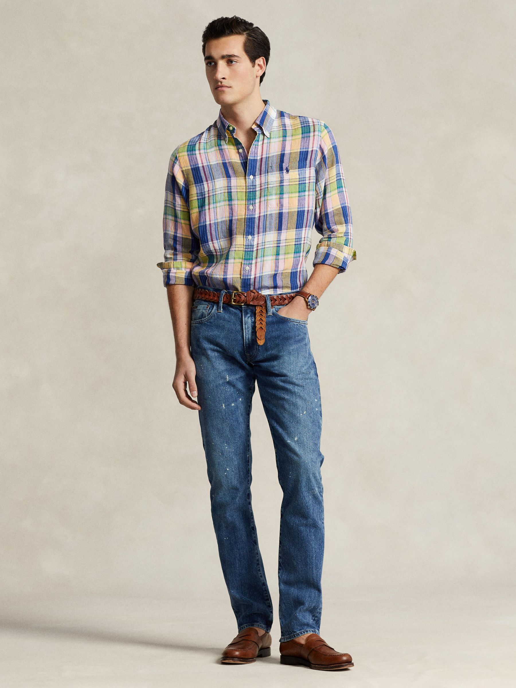 Buy Ralph Lauren Linen Long Sleeve Check Shirt, Navy/Pink/Multi Online at johnlewis.com