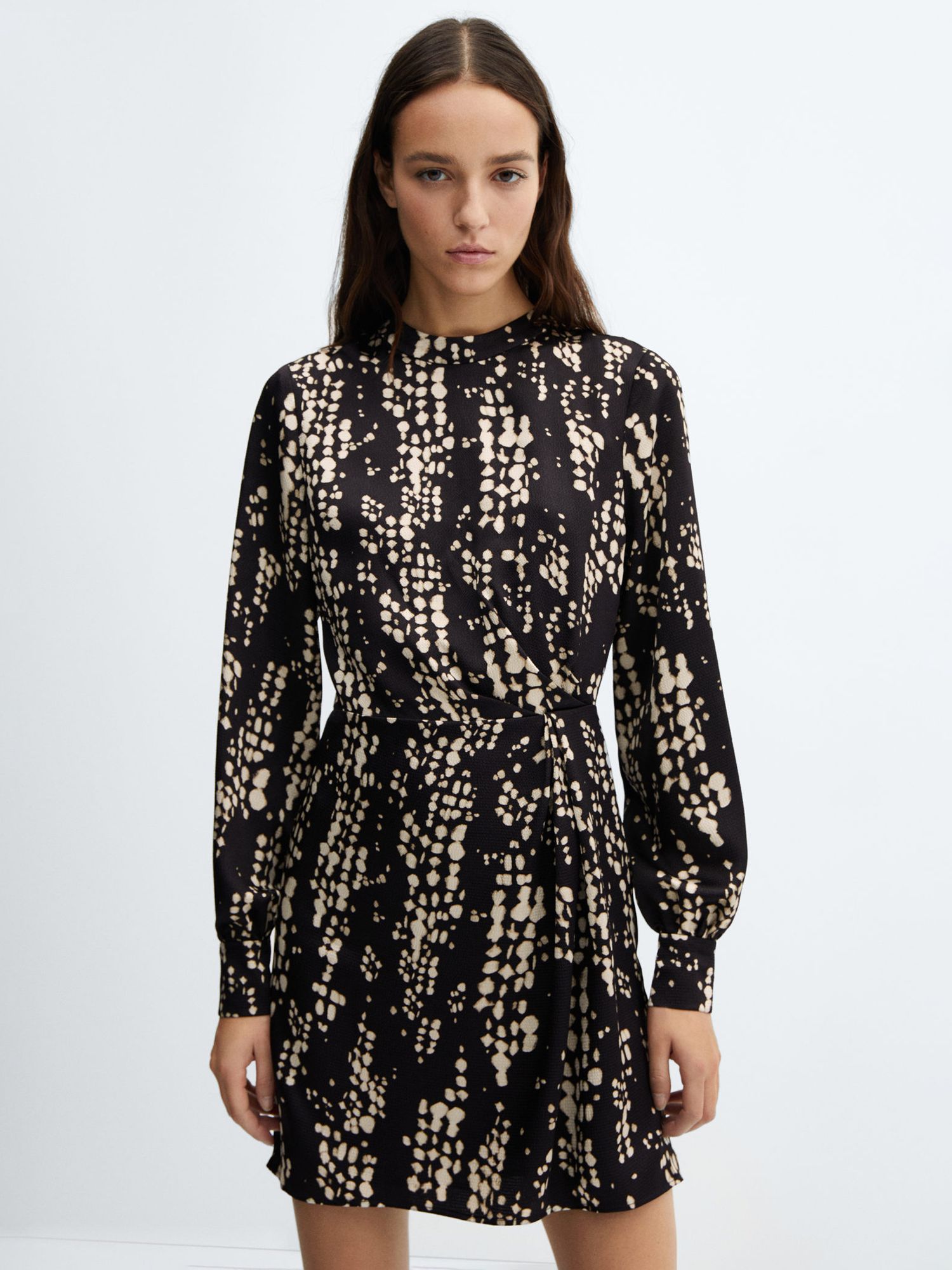 Mango Cole Pleat Mini Dress, Black/Multi at John Lewis & Partners