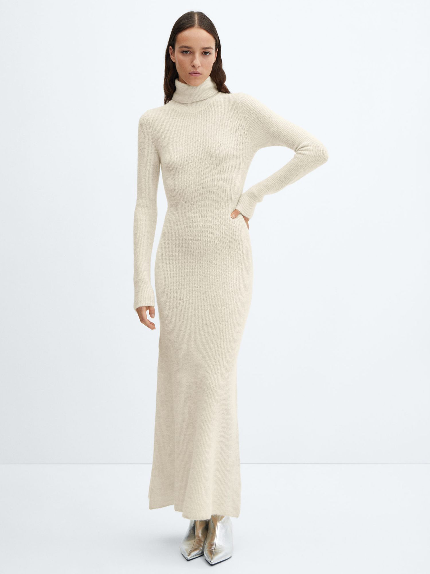 Mango Selena Knitted Roll Neck Midi Dress, Light Beige, 10