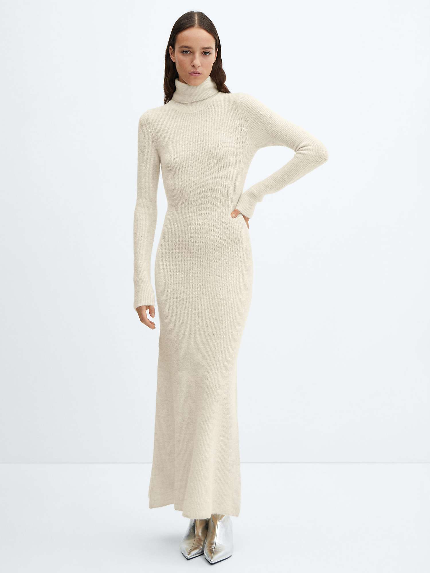 Buy Mango Selena Knitted Roll Neck Midi Dress, Light Beige Online at johnlewis.com
