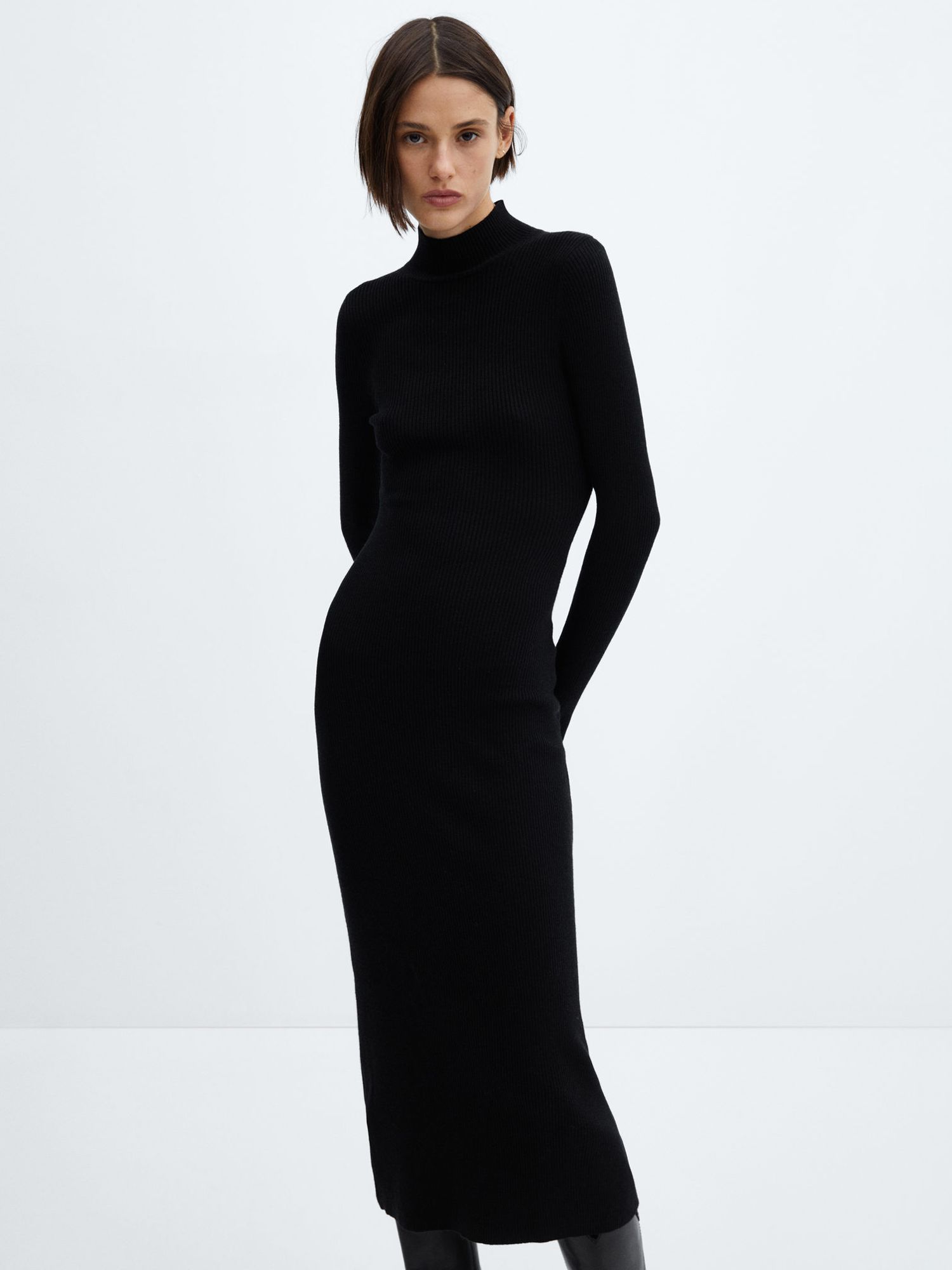 Mango Princess Perkins Neck Ribbed Dress, Black at John Lewis & Partners