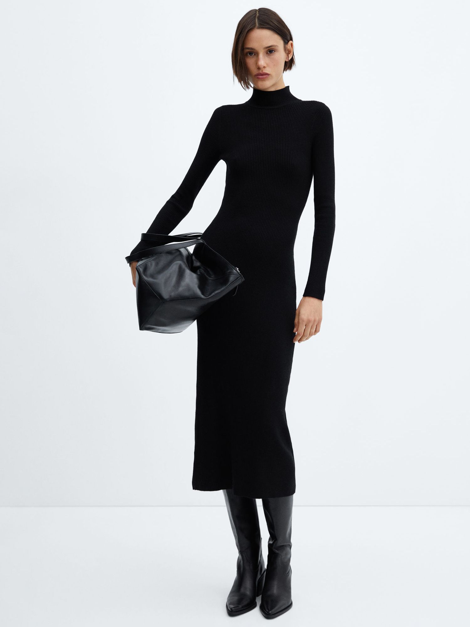 Mango Princess Perkins Neck Ribbed Dress, Black at John Lewis & Partners