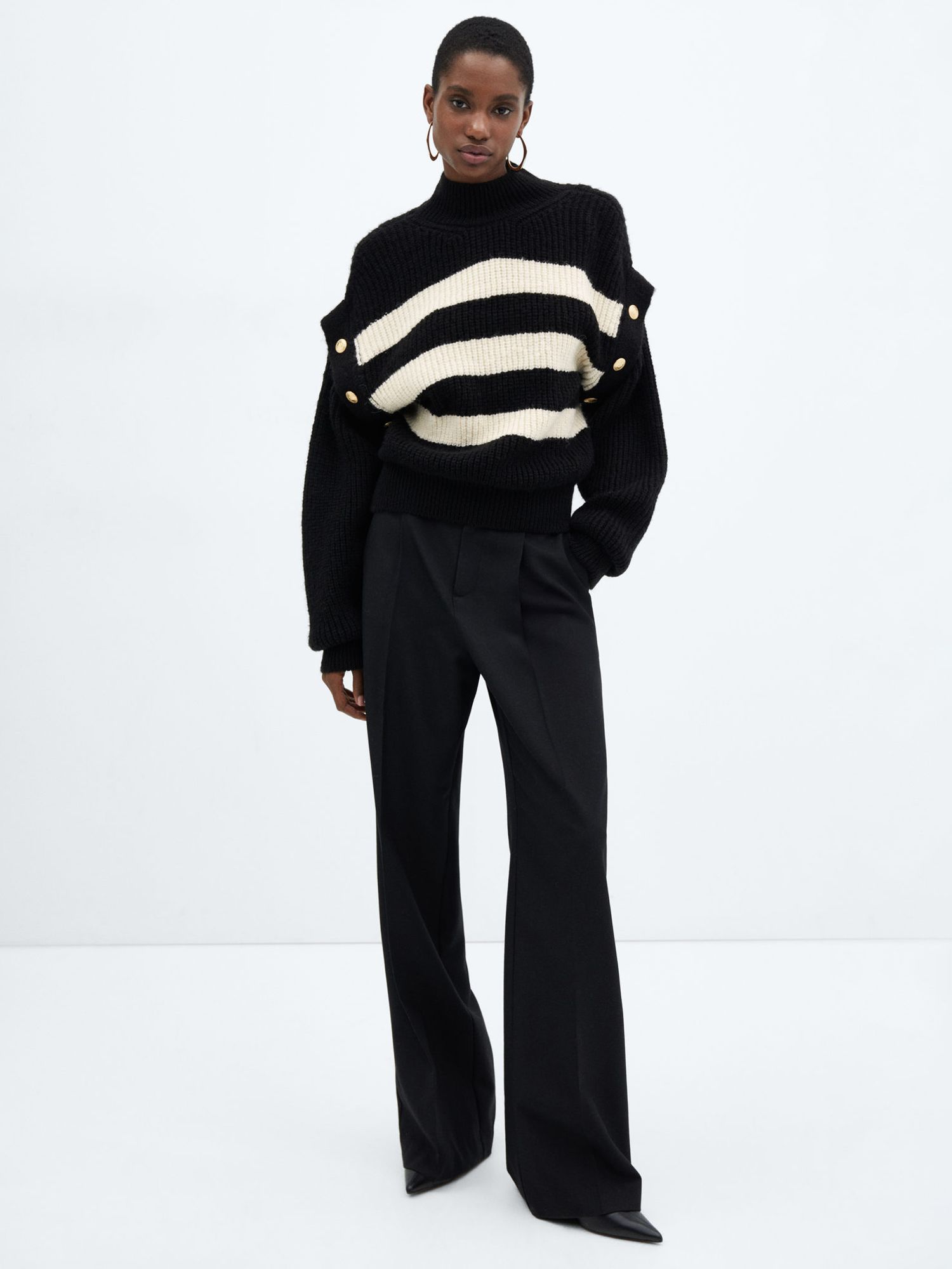 Mango Buttoned Striped Jumper, Black/White at John Lewis & Partners