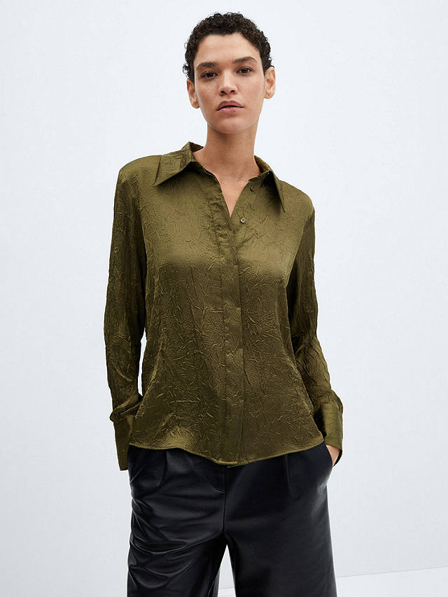 Mango Arru Satin Textured Shirt, Green at John Lewis & Partners