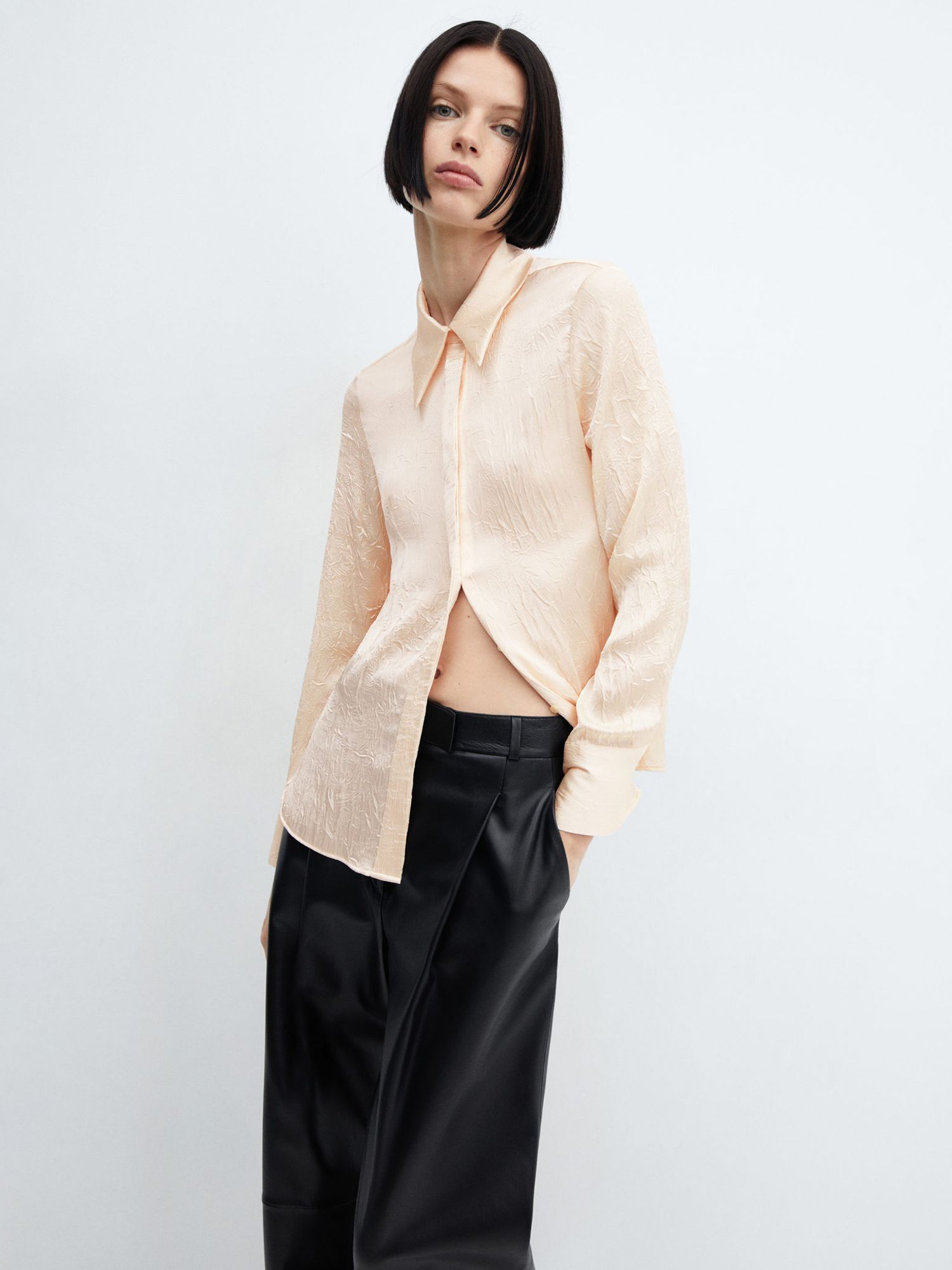 Mango Arru Satin Textured Shirt, Light Beige at John Lewis & Partners