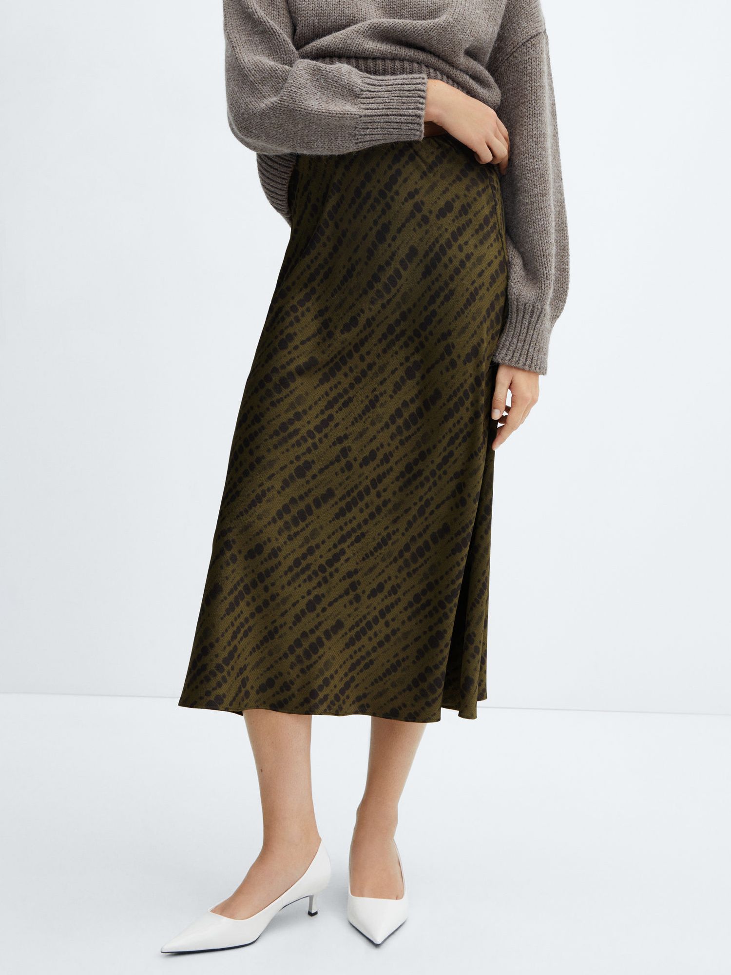 Buy Mango Catania Satin Midi Slip Skirt, Khaki/Black Online at johnlewis.com