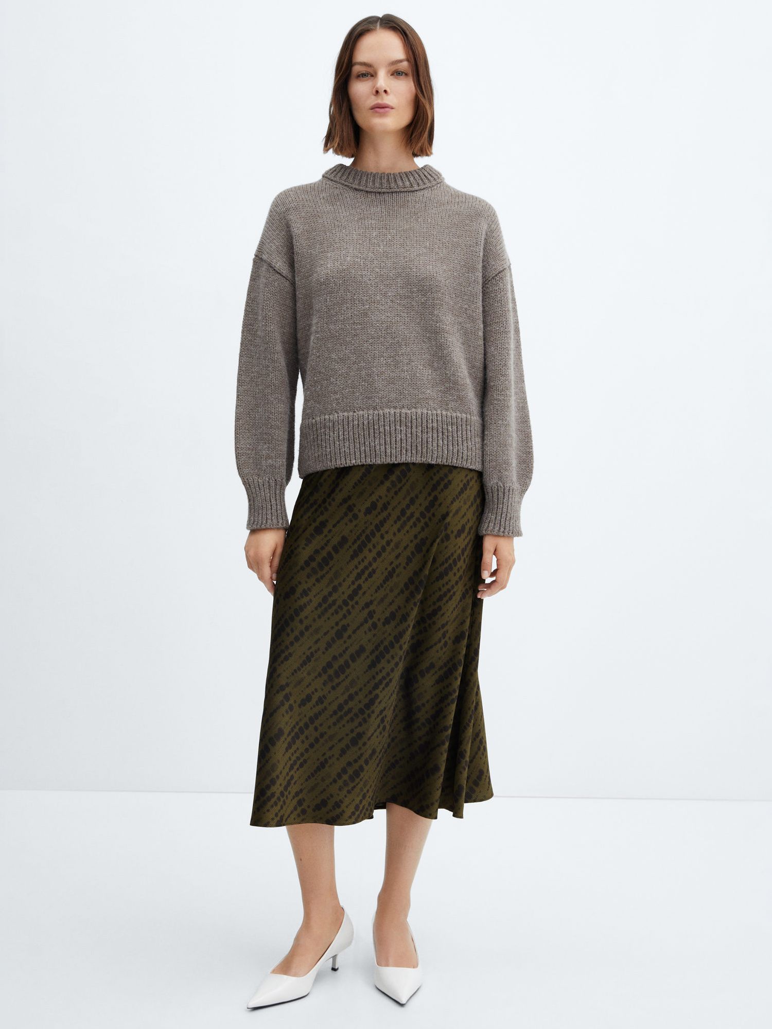 Mango Catania Satin Midi Slip Skirt, Khaki/Black at John Lewis & Partners