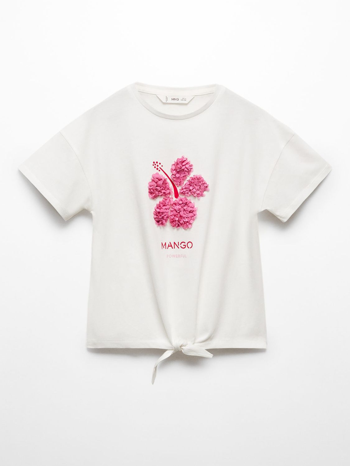 Mango Kids' Power Floral Embroidered Knot T-Shirt, Natural White, 11-12 years