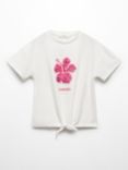 Mango Kids' Power Floral Embroidered Knot T-Shirt, Natural White