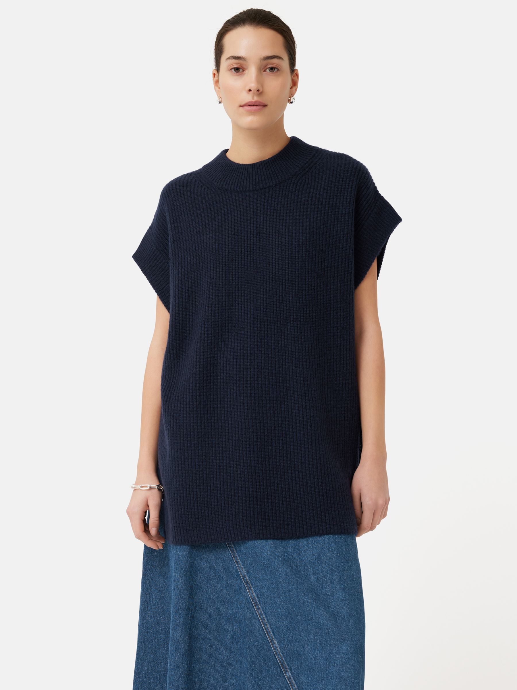 Jigsaw Cashmere Blend Ribbed Tunic, Navy at John Lewis & Partners