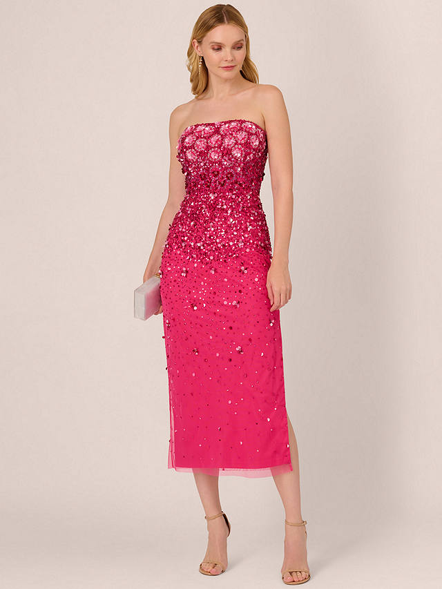 Adrianna Papell Beaded Strapless Midi Dress, Hot Pink