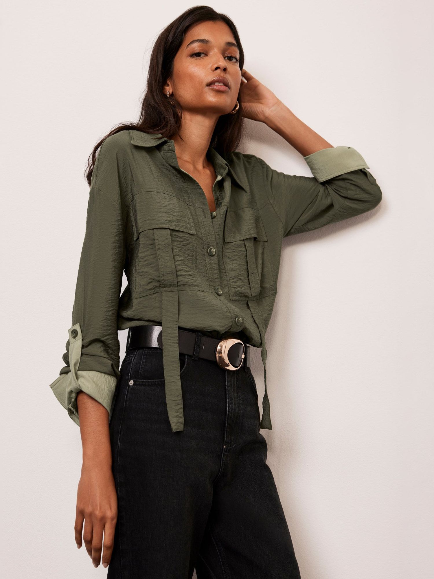 Mint Velvet Oversized Utility Shirt, Khaki at John Lewis & Partners