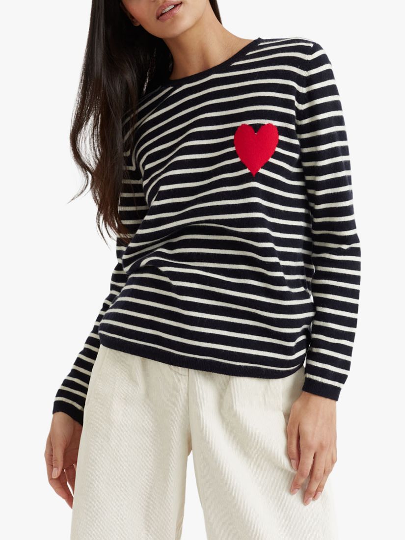 Chinti & Parker Breton Stripe and Heart Wool and Cashmere Blend Jumper, Navy/Cream/Red, XXL