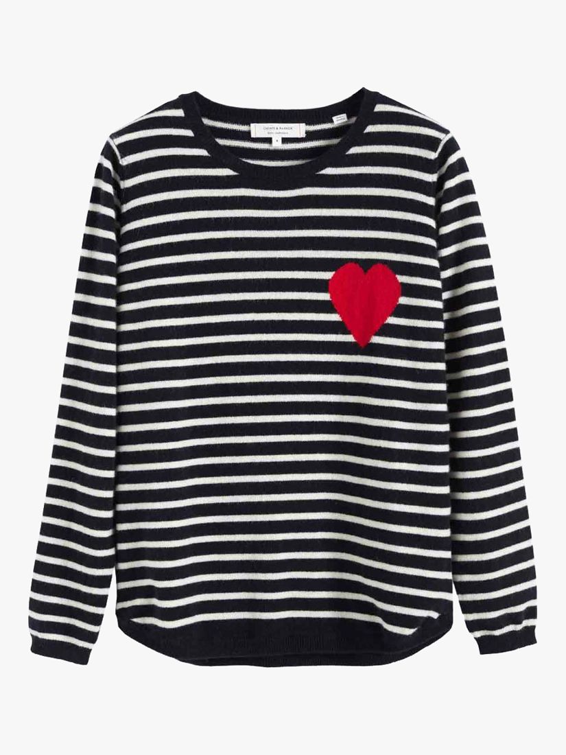 Chinti & Parker Breton Stripe and Heart Wool and Cashmere Blend Jumper, Navy/Cream/Red, XXL