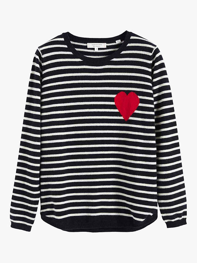 Chinti & Parker Breton Stripe and Heart Wool and Cashmere Blend Jumper, Navy/Cream/Red