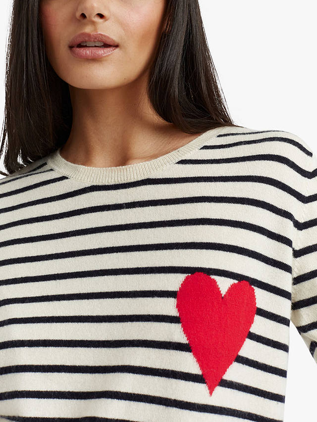 Chinti & Parker Breton Stripe and Heart Wool and Cashmere Blend Jumper, Cream/Navy/Red