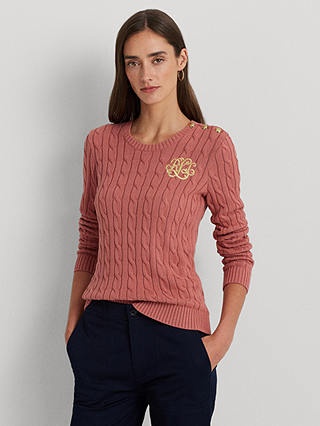Lauren Ralph Lauren Monvita Button Trim Cable Knit Cotton Jumper, Pink