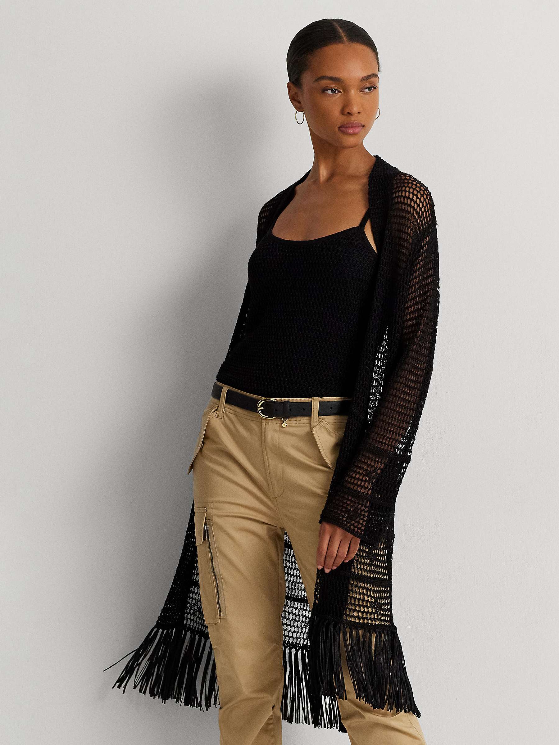 Buy Lauren Ralph Lauren Barul Linen Blend Pointelle Knit Fringe Cardigan, Black Online at johnlewis.com